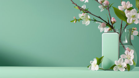 This serene image features a sleek smartphone beside a glass vase filled with delicate flowers, set against a soothing mint green background, perfect for conveying modern elegance and the harmony between technology and nature.の素材