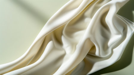 A beautifully draped ivory fabric intertwines with the soft green background, showcasing smooth waves and elegant folds that create a serene ambiance.の素材