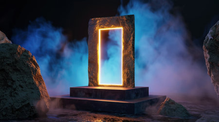 This stunning image features a mystical portal made of stone, glowing against a backdrop of smoke and fog. With dramatic lighting and a surreal atmosphere, this artwork invites exploration and imagination.の素材