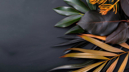 A stunning flat lay composition featuring a diverse array of leaves and bright orange flowers on a dark backdrop, perfect for nature-inspired projects.の素材