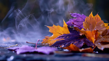 A stunning collection of colorful autumn leaves in shades of purple, orange, and yellow, resting on a wet surface surrounded by gentle mist.の素材