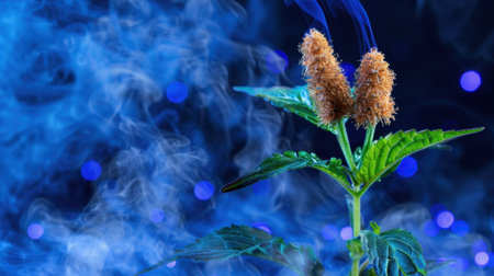 A mesmerizing close-up of a unique plant featuring soft brown flowers, enveloped in atmospheric blue smoke, and accentuated by dreamy bokeh lights.の素材