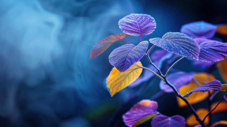 Stunning close-up image of dew-kissed leaves displaying rich colors, set against a soft blue background, evoking a sense of freshness and tranquility.の素材