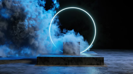 A captivating scene featuring a mystical cube on a platform with a glowing neon circle and wisps of blue smoke, creating a surreal atmosphere.の素材