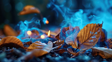 A captivating scene of autumn leaves lying on the ground, elevated by blue smoke and glowing embers, creating a mystical atmosphere in the forest.の素材