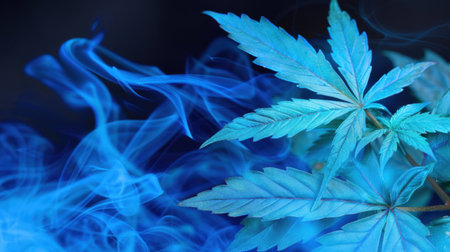 This artistic image showcases vibrant blue cannabis leaves entwined with ethereal smoke, creating a mysterious and serene atmosphere perfect for various creative projects.の素材