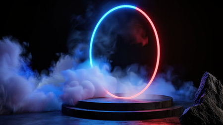 A stunning neon circular arch stands as a focal point in a dark, mist-filled environment. The vibrant lighting creates a futuristic atmosphere, perfect for digital art and creative visuals.の素材