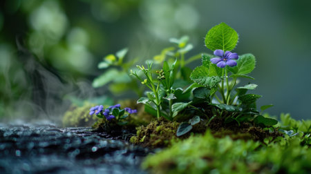 A close-up view of lush green plants with delicate purple flowers set in a serene natural environment. Soft mist enhances the vibrant foliage.の素材