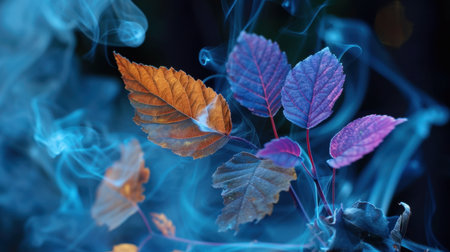 A captivating composition featuring vibrant colored leaves enveloped in wispy smoke, creating an ethereal ambience perfect for artistic and nature-themed projects.の素材