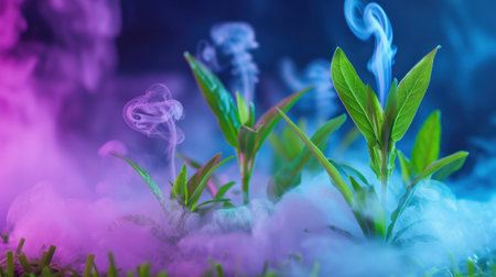 This captivating image showcases fresh green leaves emerging from colorful smoke, creating a mystical and serene atmosphere. The vibrant colors blend harmoniously, emphasizing the beauty of nature and creating an ethereal feeling ideal for various creative projects.の素材