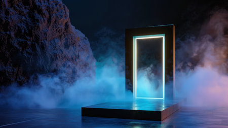 A captivating light portal stands amid a misty and rocky landscape, creating an ethereal and surreal atmosphere perfect for conceptual visuals.の素材