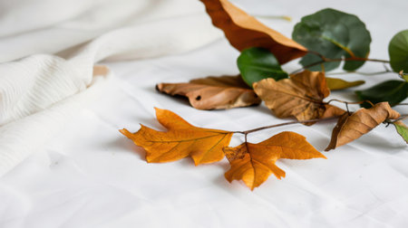 This photo features vibrant autumn leaves arranged elegantly on a soft white fabric background, showcasing seasonal colors and textures in natural light.の素材