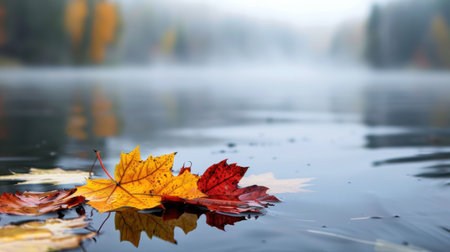 Experience a serene autumn moment with colorful leaves drifting on calm water, framed by a misty forest. An enchanting sight of nature's beauty.の素材