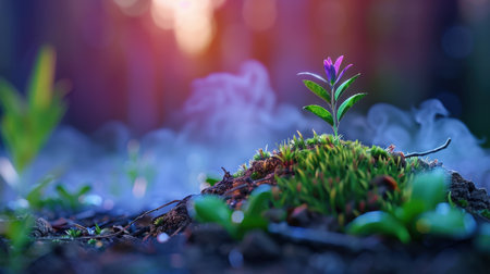 A vibrant sprout rises from moss in a serene forest environment. Soft fog envelops the ground, creating a tranquil atmosphere filled with warm light.の素材