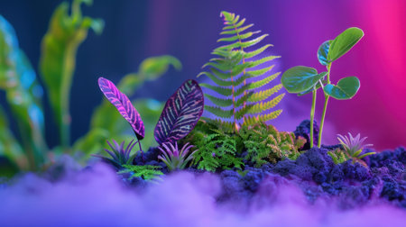This captivating image features a variety of lush greenery, including vibrant leaves and delicate ferns, set against a backdrop of colorful lighting and soft mist, creating a serene atmosphere perfect for any nature-themed project.の素材