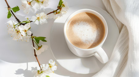 A serene and cozy scene featuring a cup of coffee surrounded by blossoming flowers and soft textiles, perfect for morning relaxation and inspiration.の素材
