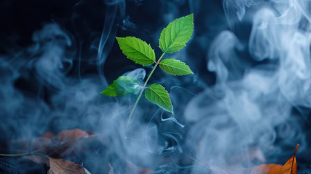 A vibrant green leaf stands out against a dark background filled with mist and smoke, representing growth and the resilience of nature in a tranquil setting.の素材