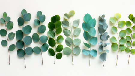 A beautiful collection of fresh green leaves arranged on a white background, perfect for nature-themed projects, designs, and artistic inspiration.の素材