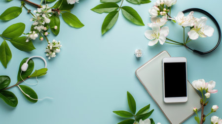 A serene spring-themed workspace featuring delicate white flowers and vibrant green leaves surrounding a smartphone and headphones, ideal for work or relaxation.の素材