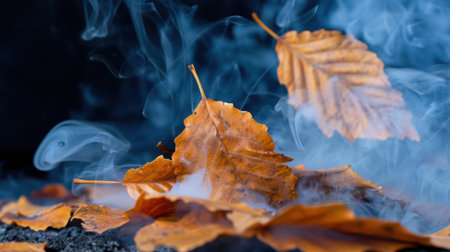 This captivating image captures the beauty of autumn leaves enveloped in wisps of smoke, creating a serene and mystical atmosphere in nature.の素材