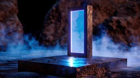 This mesmerizing image showcases a futuristic portal with a glowing edge, shrouded in mist and surrounded by rocky terrain, creating an ethereal atmosphere.の素材
