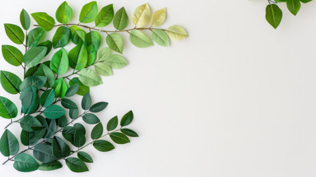 Elegant arrangement of fresh green leaves on a white background, providing a serene backdrop for various design needs, emphasizing nature and beauty.の素材