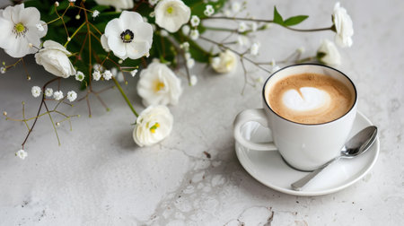 This image captures a warm cup of coffee with intricate heart latte art, elegantly placed next to delicate white flowers on a beautiful marble tabletop.の素材