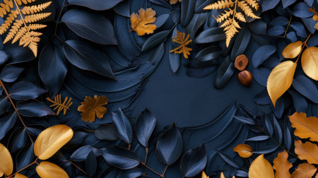 This stunning image features a blend of dark leaves and golden foliage, creating an elegant and vibrant composition perfect for seasonal designs and nature themes.の素材