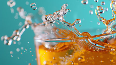A stunning close-up of a beverage splashing in a glass, showcasing droplets and vivid colors against a bright background, evoking freshness and joy.の素材