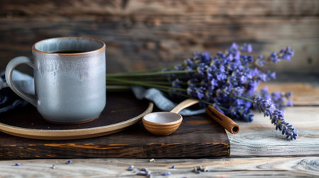 A serene morning scene featuring a gray coffee cup beside fresh lavender flowers on a rustic wooden surface, evoking tranquility and comfort.の素材