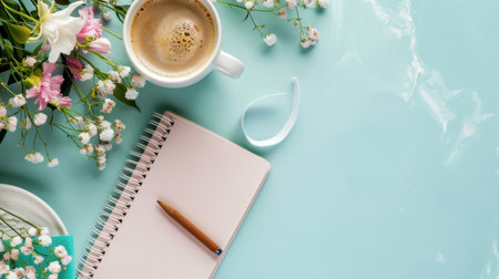 A serene workspace featuring a cup of coffee, a floral arrangement, an empty notebook, and a pen on a light mint background, perfect for fostering creativity.の素材