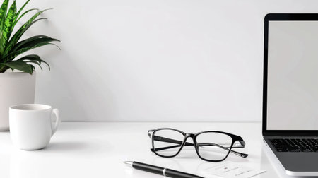 This image depicts a modern workspace featuring a laptop, glasses, a coffee cup, and a pen alongside a green plant, ideal for promoting productivity and inspiration.の素材