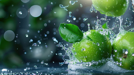Fresh green apples splashing in water create a vibrant scene, symbolizing health and vitality. Ideal for promoting nutrition and organic lifestyle.の素材