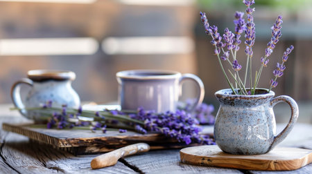 This image showcases a rustic table arrangement featuring lavender flowers in charming pottery cups, complemented by wooden boards, creating a serene atmosphere perfect for relaxation and simple elegance.の素材