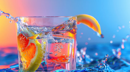 A vibrant image depicting a refreshing citrus drink in a clear glass, featuring ice cubes and a splash of liquid, set against a colorful background.の素材