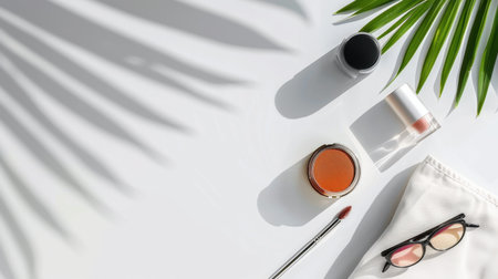 Discover a beautifully arranged flat lay featuring cosmetic products alongside tropical leaves, perfect for inspiring beauty and skincare enthusiasts.の素材