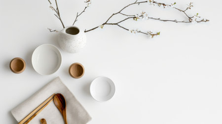 A serene minimalist table setting featuring ceramic bowls, wooden utensils, and delicate blossom branches on a pristine white background. Perfect for modern home decor.の素材