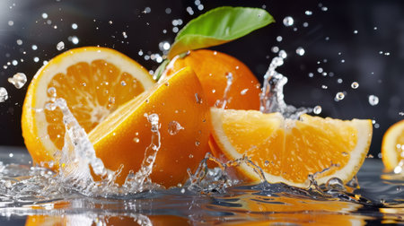 A dynamic image of fresh oranges splashing in clear water, showcasing vibrant colors and juicy segments. Perfect for health and freshness themes.の素材