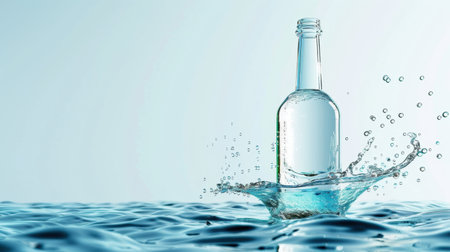 A stunning clear bottle splashes into calm water, creating ripples that enhance the scene. This image captures freshness and purity in a serene setting, perfect for beverage and lifestyle themes.の素材
