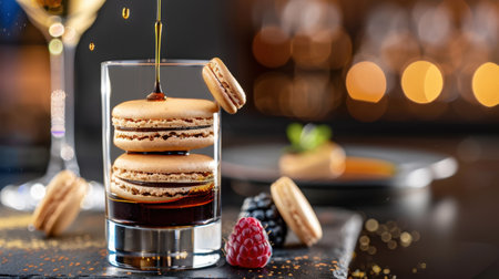 A beautifully arranged dessert scene featuring delicate macarons drizzled with rich chocolate and accompanied by fresh berries, creating an elegant food presentation perfect for celebrations.の素材
