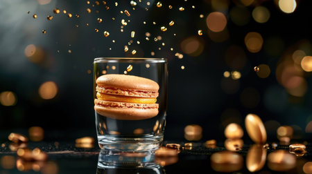 A visually stunning macaron placed inside a glass, accompanied by sparkling golden particles, creating a joyful and elegant atmosphere perfect for celebrations.の素材