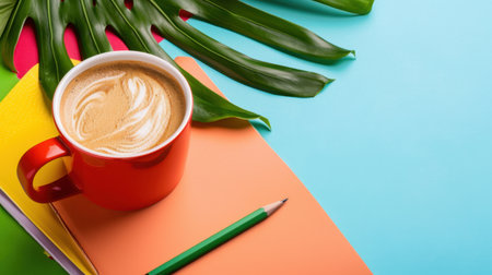 A cozy coffee moment featuring a vibrant red mug filled with creamy beverage, placed on colorful notebooks with a lush green leaf accent.の素材