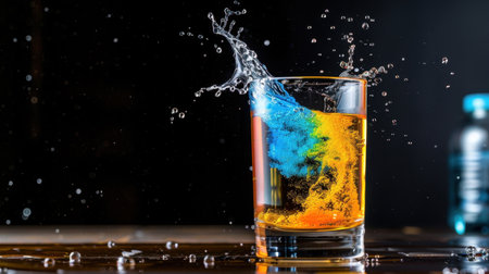 A captivating splash of colorful liquid in a glass showcases a vibrant orange and blue swirl against a dark background, creating energetic motion.の素材
