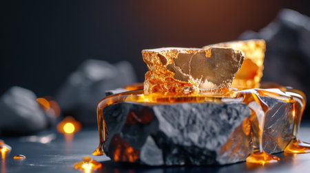 This captivating image features a striking composition of golden ore atop dark rocks, with amber liquid cascading and glowing, embodying nature's exquisite beauty.の素材
