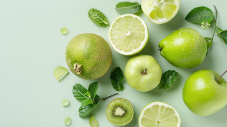 A visually appealing arrangement of fresh green apples, lemons, and mint leaves set against a soft background, perfect for healthy food inspiration.の素材