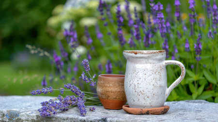 Two rustic ceramic cups sit beside lavender flowers in a tranquil garden, embodying the essence of relaxation and natural beauty in a peaceful setting.の素材