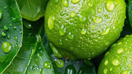 Close-up view of fresh green limes resting on lush green leaves, adorned with sparkling water droplets, capturing the essence of freshness and vitality.の素材