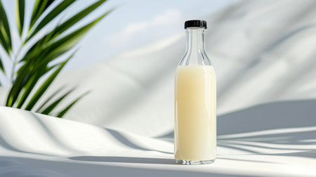 A clear glass bottle filled with a creamy beverage rests on a soft white surface, surrounded by tropical leaves and basking in sunlight, evoking freshness.の素材