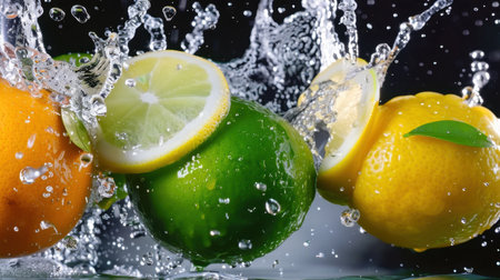 A stunning action shot showcasing a vibrant splash of fresh citrus fruits, including lemon, lime, and orange, highlighting their juiciness and freshness in water.の素材
