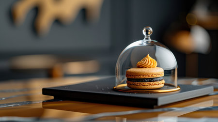 A beautifully styled macaron dessert sits under a glass dome on a modern table. The luxurious warm tones and artistic presentation make this sweet treat an eye-catching centerpiece for any dining experience.の素材